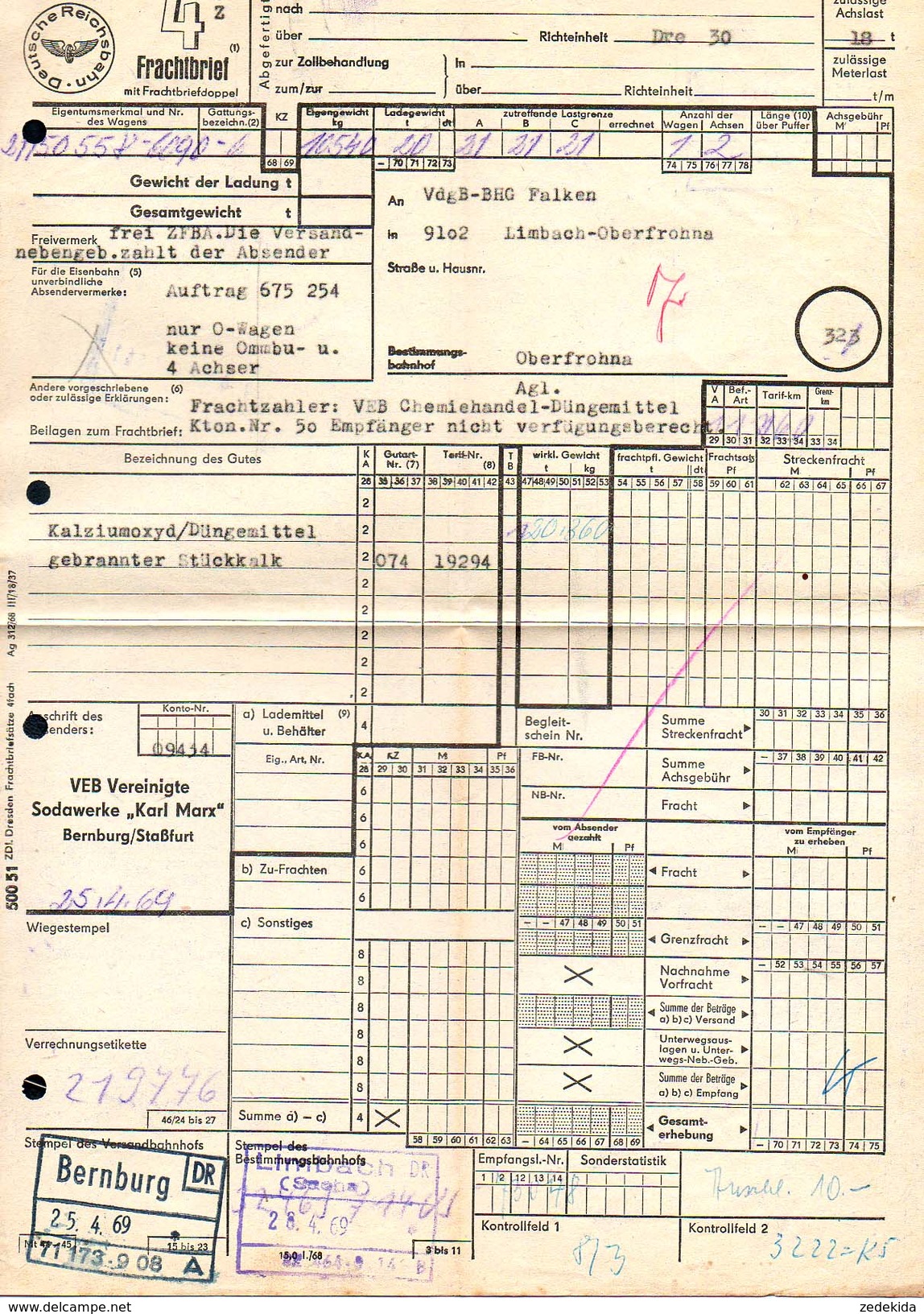 A8578 - Frachtbrief - Limbach Oberfrohna Bernburg Sodawerke - Rechnung 1969 - 1950 - ...