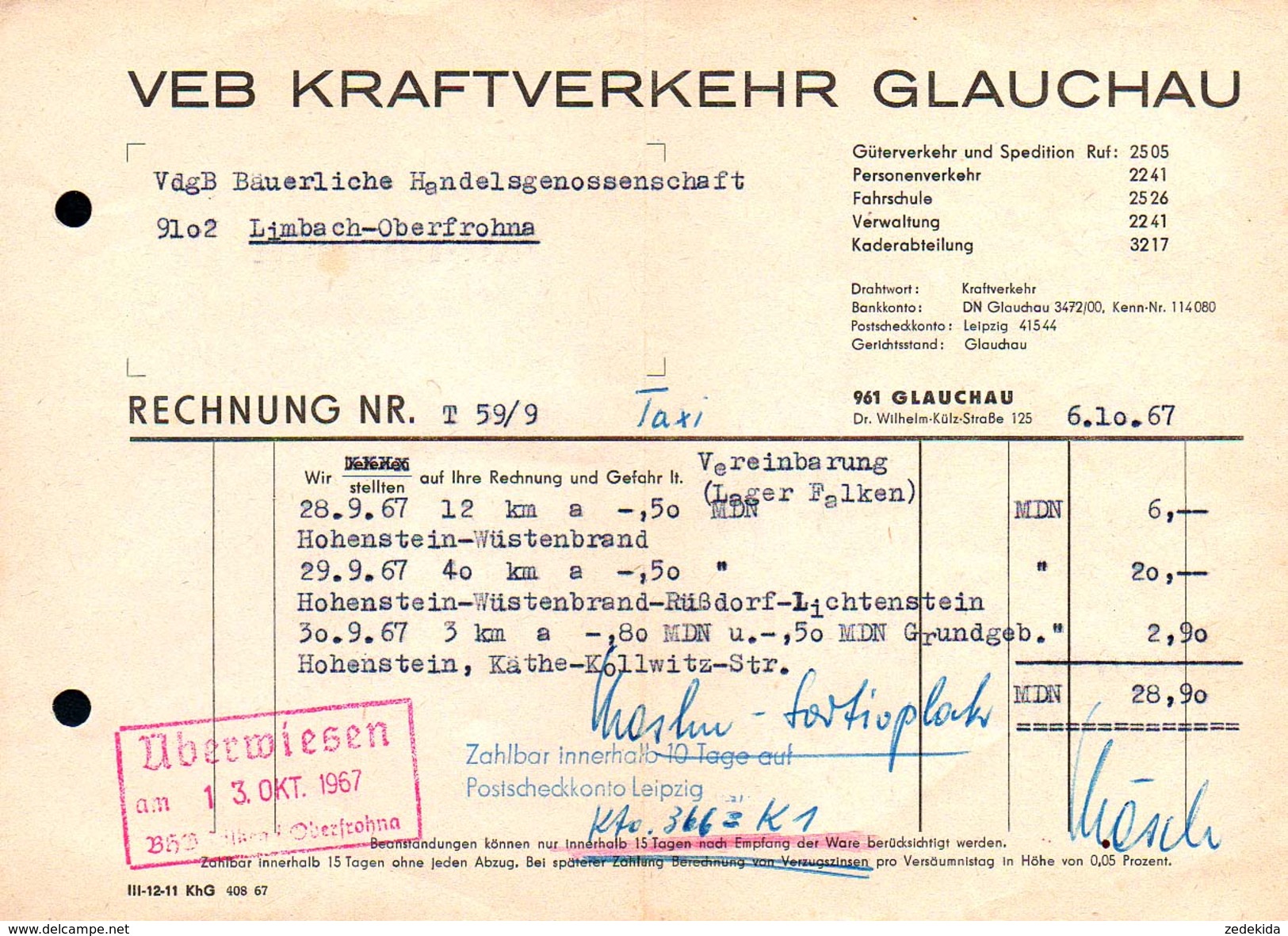 A8580 - Glauchau - VEB Kraftverkehr Nach Limbach Oberfrohna 1967 - Rechnung - 1950 - ...