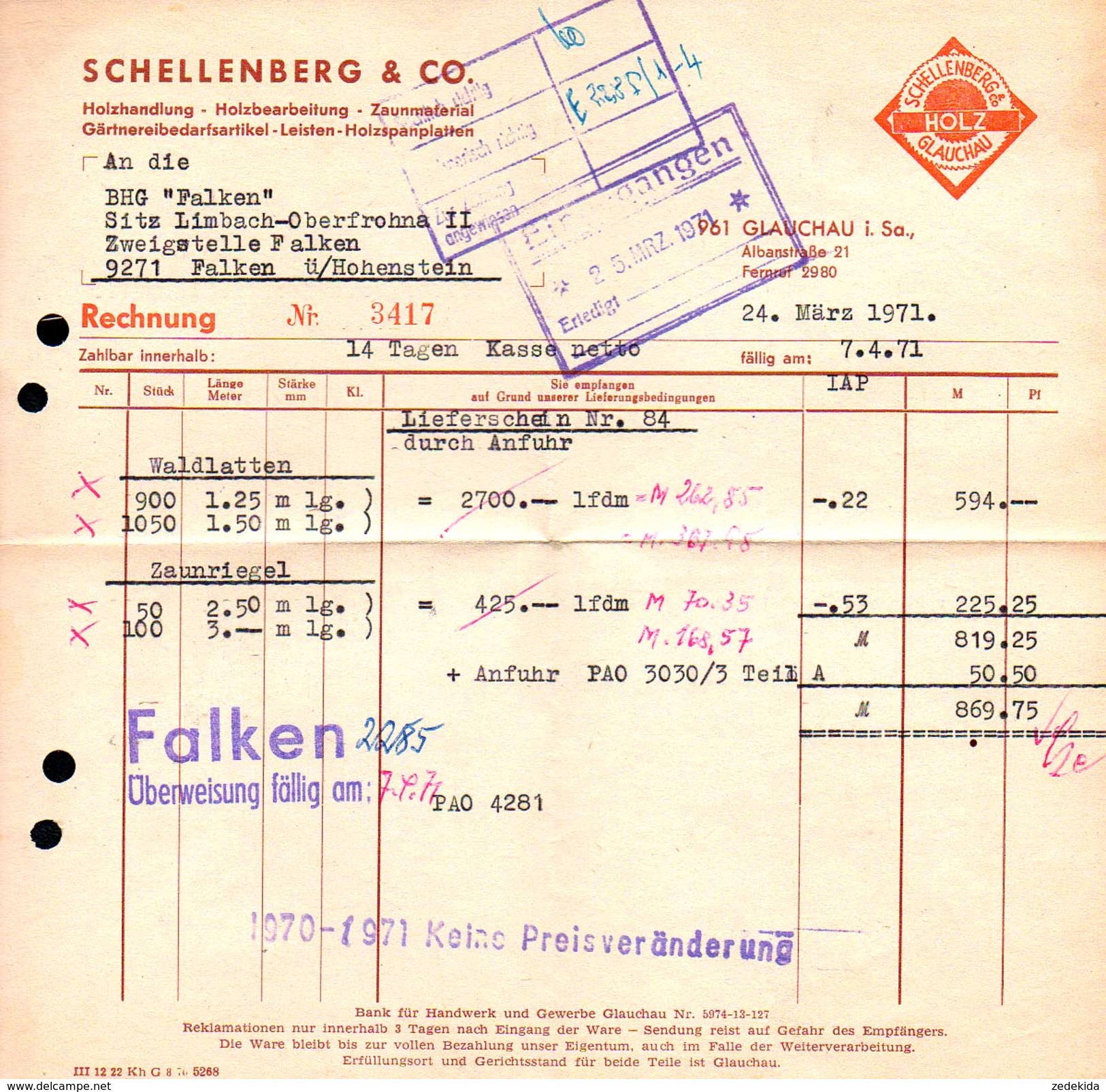 A8581 - Glauchau - Schellenberg & Co Holzhandlung - Rechnung 1971 Nach Limbach Oberfrohna - 1950 - ...