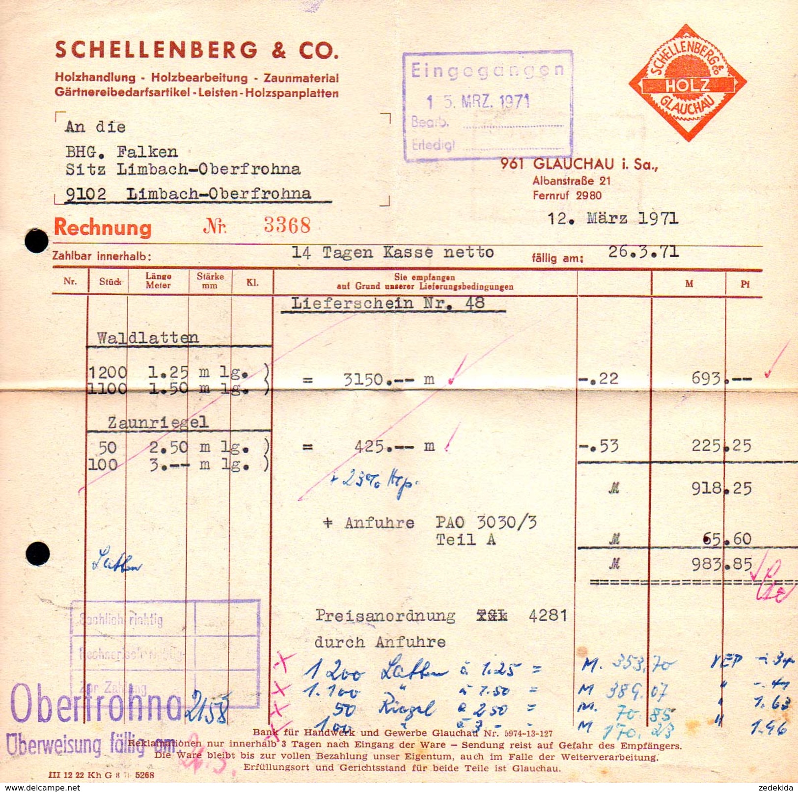 A8457 - Glauchau - Schellenberg & Co Holzhandlung - Rechnung 1971 Nach Limbach Oberfrohna - 1950 - ...