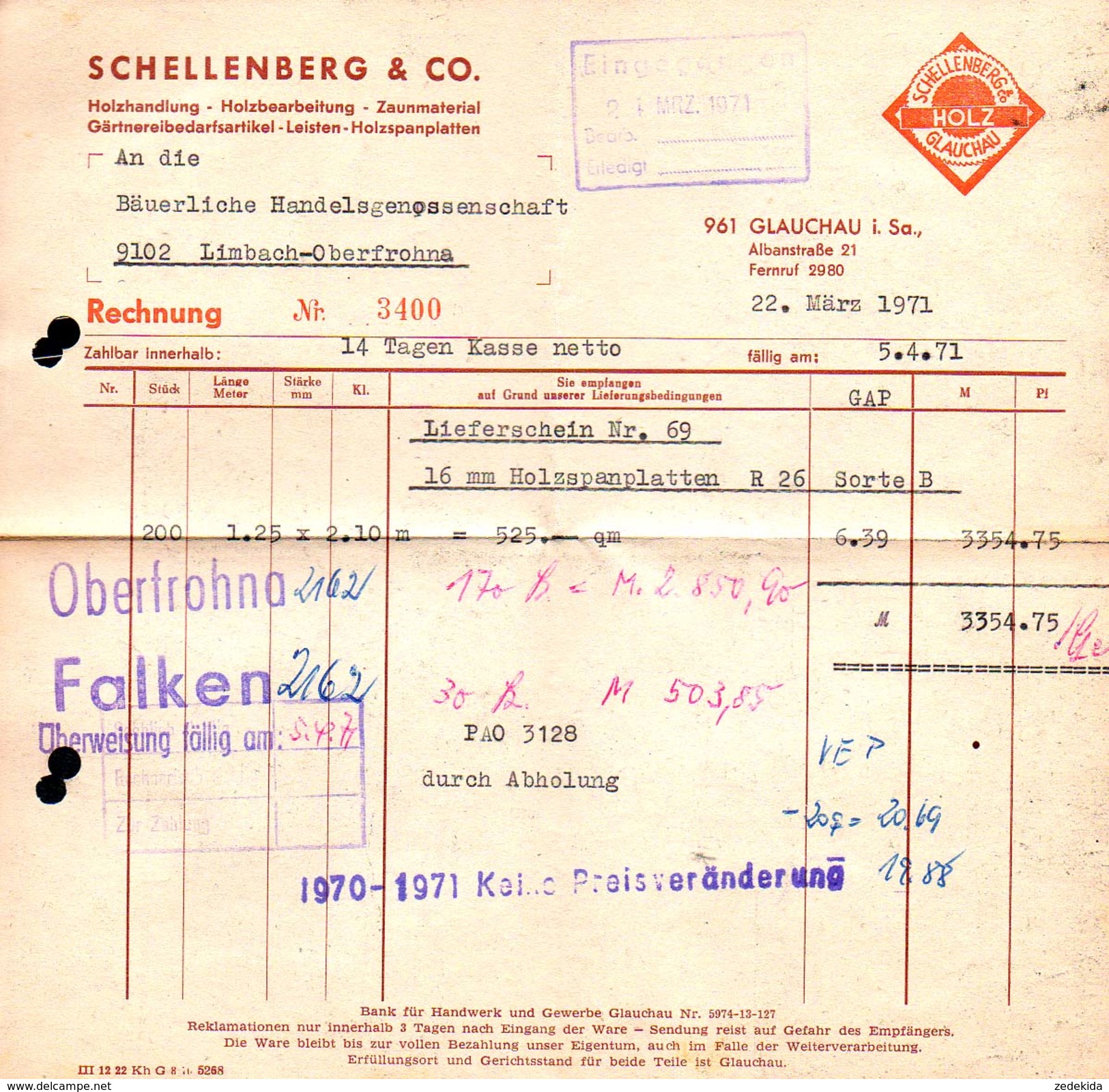 A8504 - Glauchau - Schellenberg & Co Holzhandlung - Rechnung 1971 Nach Limbach Oberfrohna - 1950 - ...