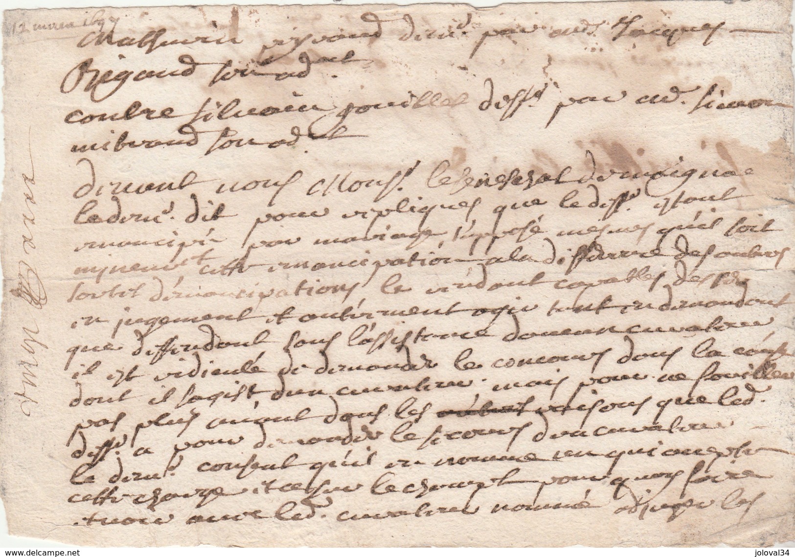 Manuscrit Cachet Généralité LIMOGES Denier Le Quart De Feuille 12/12/1697 Haute Vienne - Rigaud - Cachets Généralité