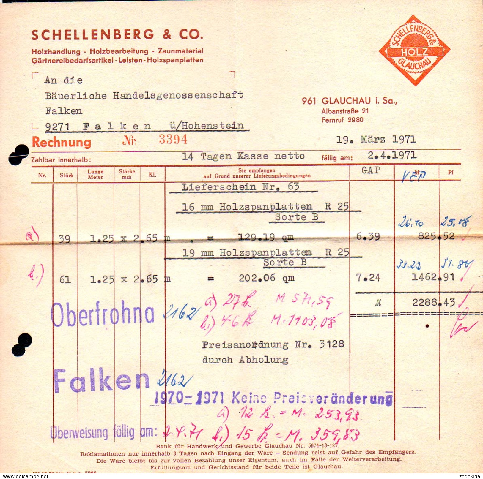 A8582 - Glauchau - Schellenberg & Co Holzhandlung - Rechnung 1971 Nach Limbach Oberfrohna - 1950 - ...