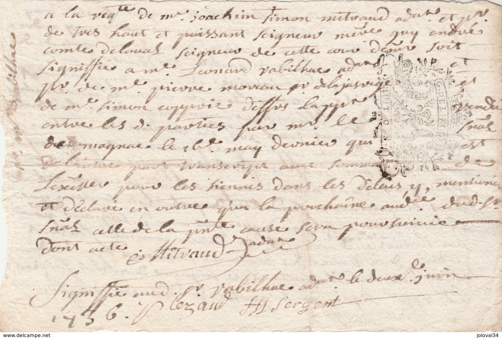 Manuscrit Cachet Généralité LIMOGES Huit Deniers 2/6/1736 Milvaud Comte De Laval Haute Vienne - Matasellos Generales