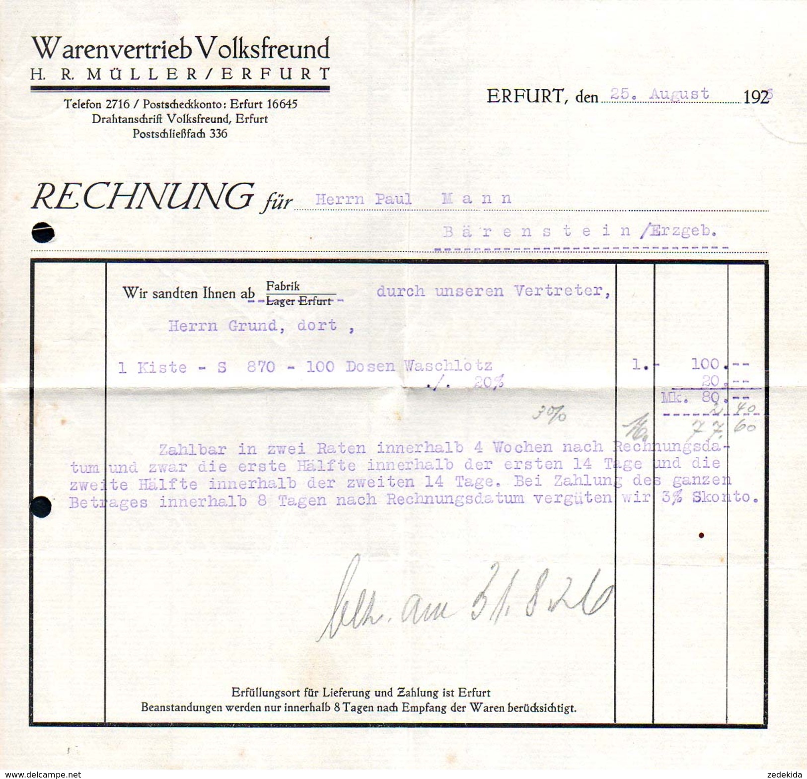 A8586 - Erfurt - Warenvertieb Volksfreund H.R. Müller - Rechnung 1926 Nach Bärenstein - 1900 – 1949