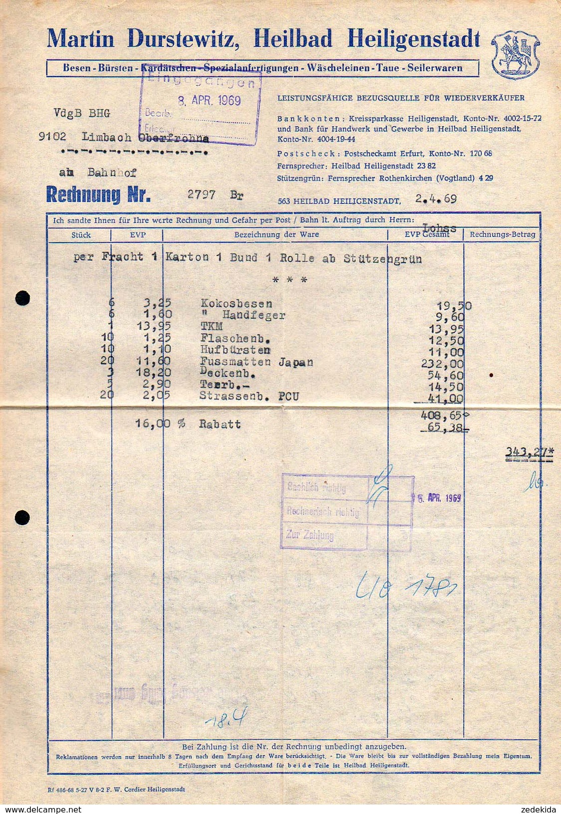 A8587 - Heiligenstadt - Martin Durstewitz - Besen Und Bürsten - Rechnung 1969 Nach Limbach - 1950 - ...