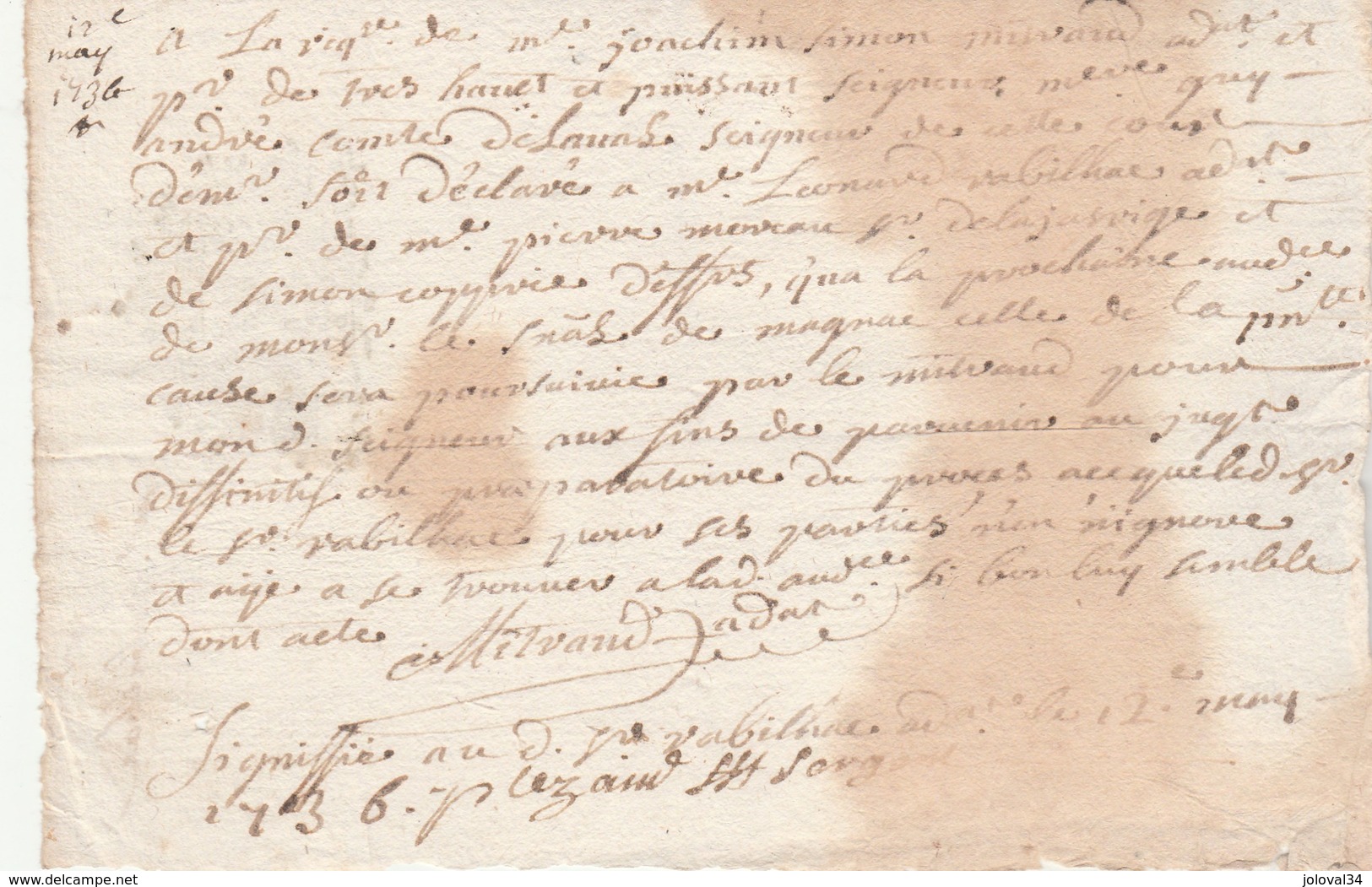 Manuscrit Cachet Généralité LIMOGES Huit Deniers 12/5/1736  Comte De Laval, Moreau De La Jarrige, Haute Vienne - Gebührenstempel, Impoststempel