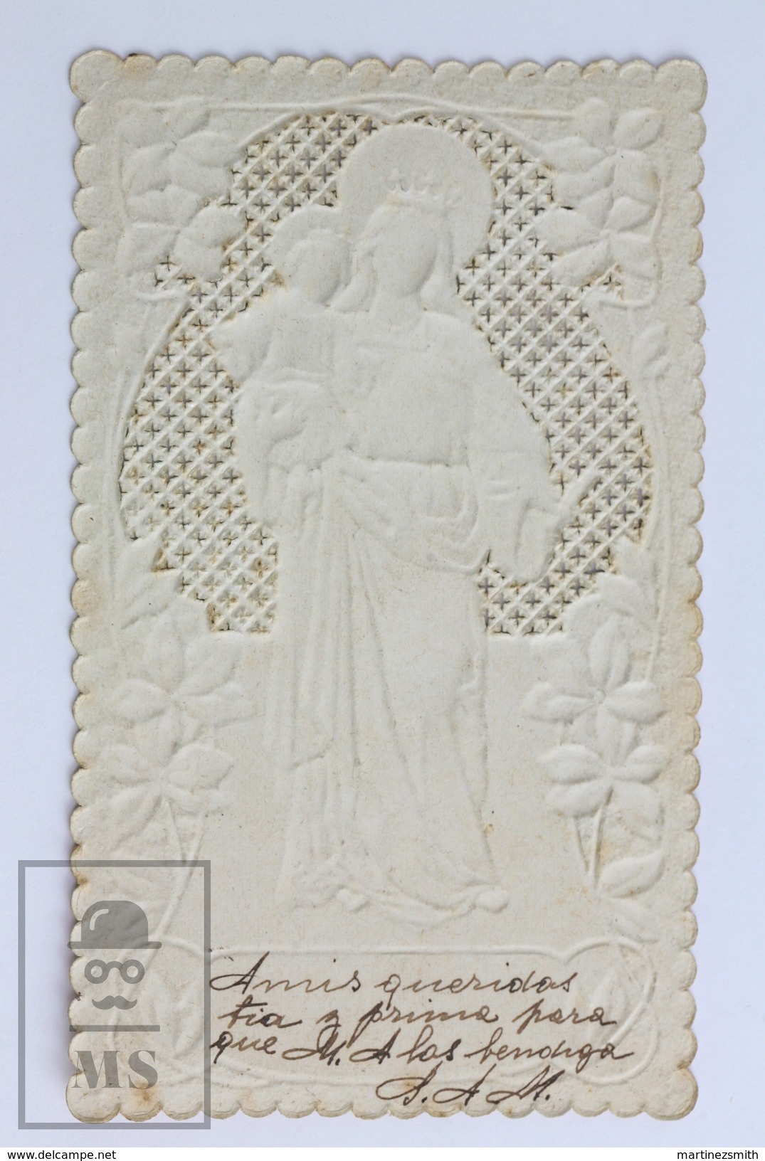 Antique Embossed Paper Lace Holy Card - Maria Auxilium Christianorum Ora Pro Nobis -Pio IX, Virgin Mary And Jesus Christ - Imágenes Religiosas