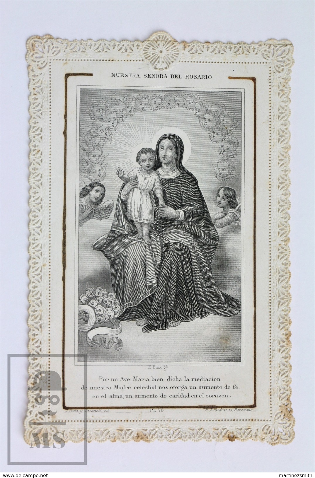 Antique Paper Lace Holy Card - Our Lady Of The Rosary - Ed. Buxo Circa 1930's - Imágenes Religiosas