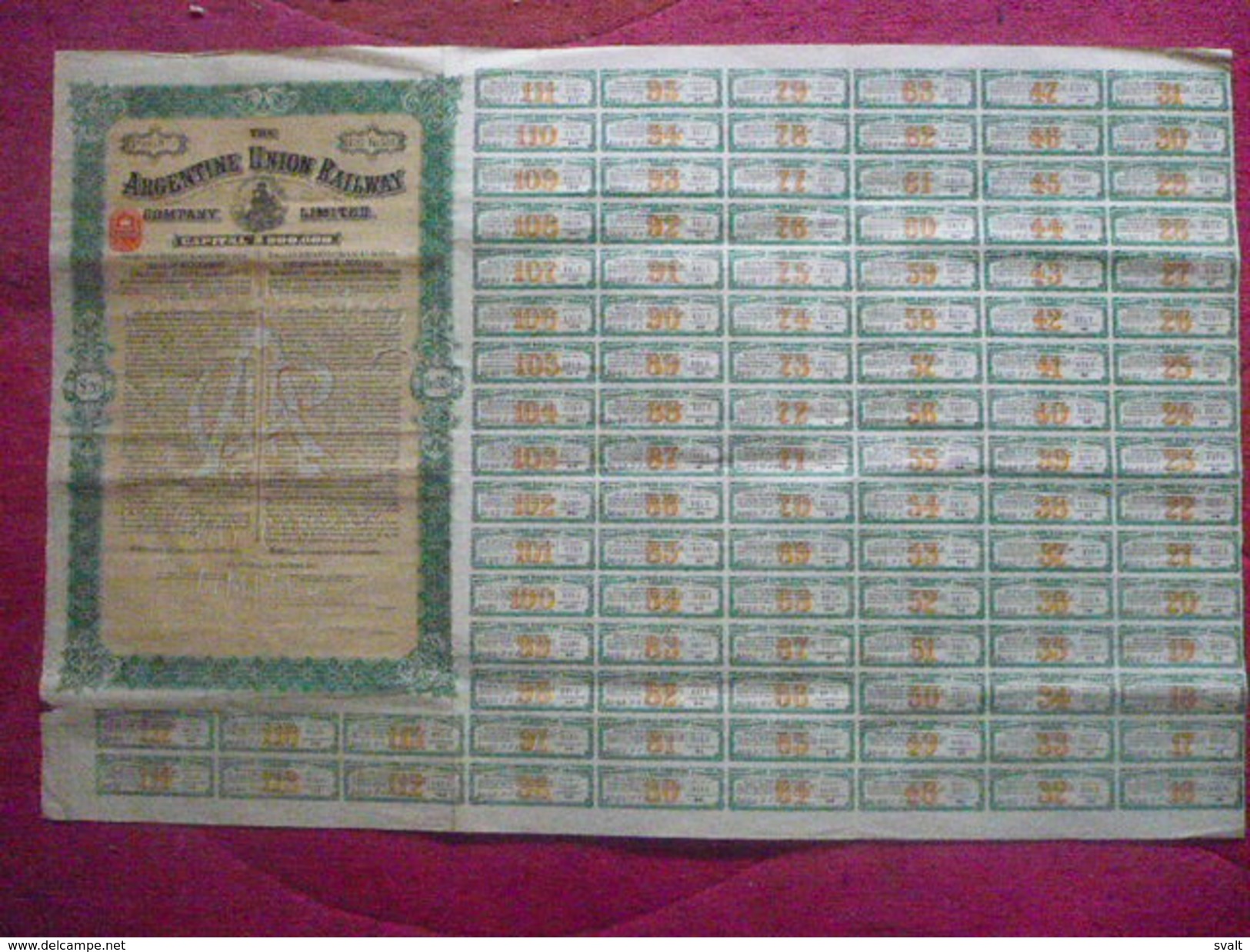 Argentine / Argentina : : Large Bond /Obligation  : Argentine Union Railway  1910  Avec Tous Ses Coupons - Autres & Non Classés