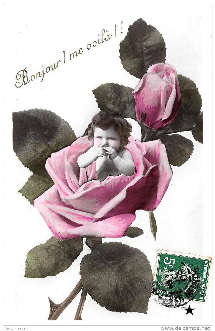 [DC11115] CPA - AUGURALE - BAMBINA IN UNA ROSA - FIORI - Viaggiata - Old Postcard - Altri & Non Classificati