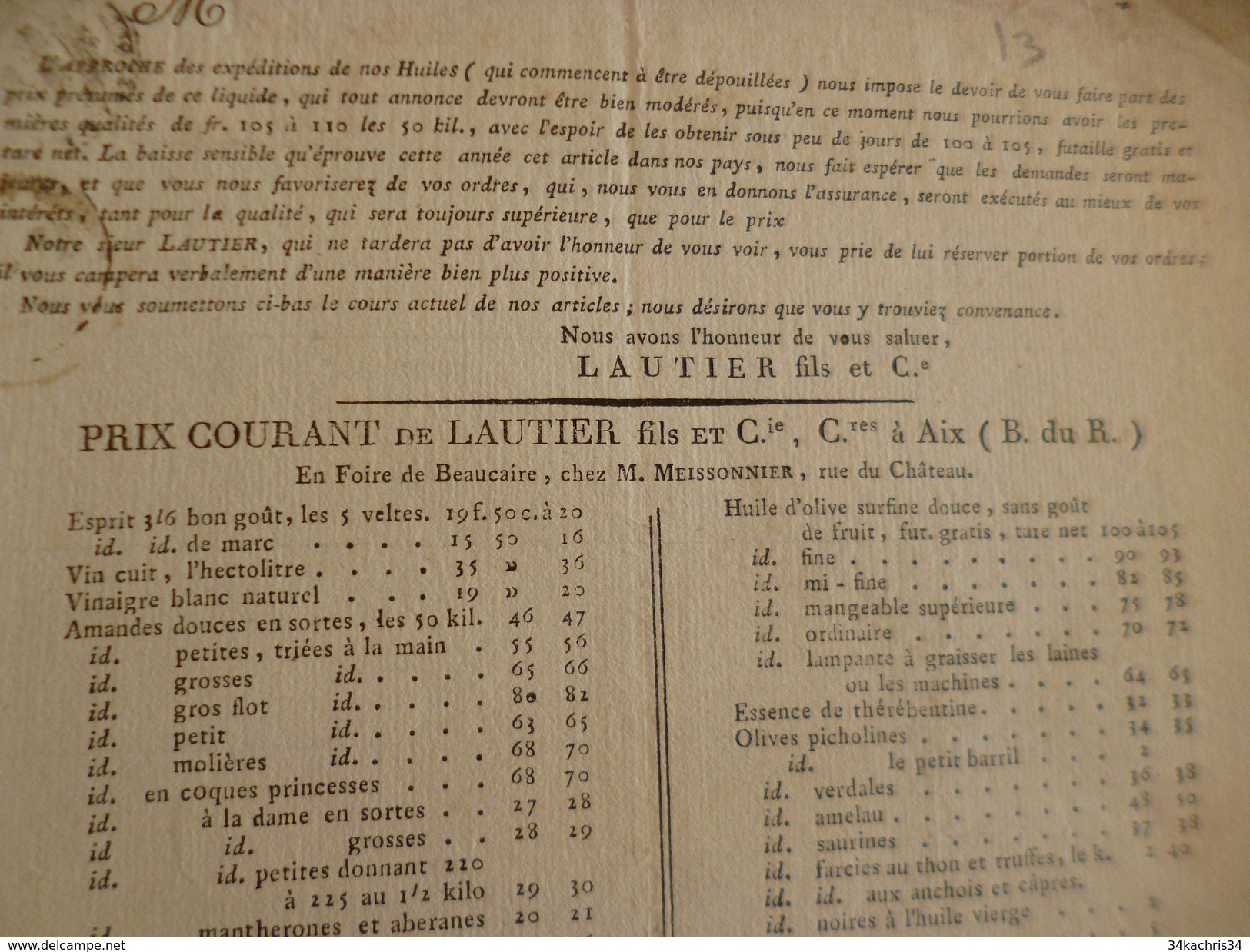 Publicité 1/12/1823 Aix En Provence + 4 Factures Manuscrites Lautier Huile D'olives Fruits Et Légumes Provence - Publicités