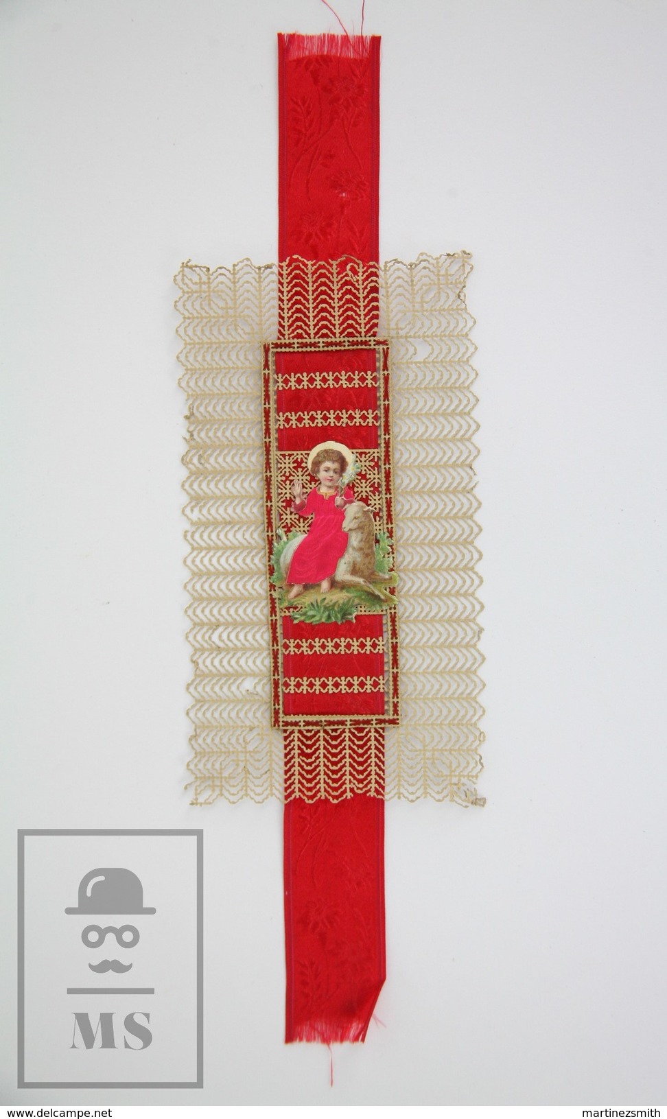 Antique Early 1900's Paper Lace Holy Card With Red Cloth Tape - The Holy Child Jesus Christ And Sheep - Images Religieuses