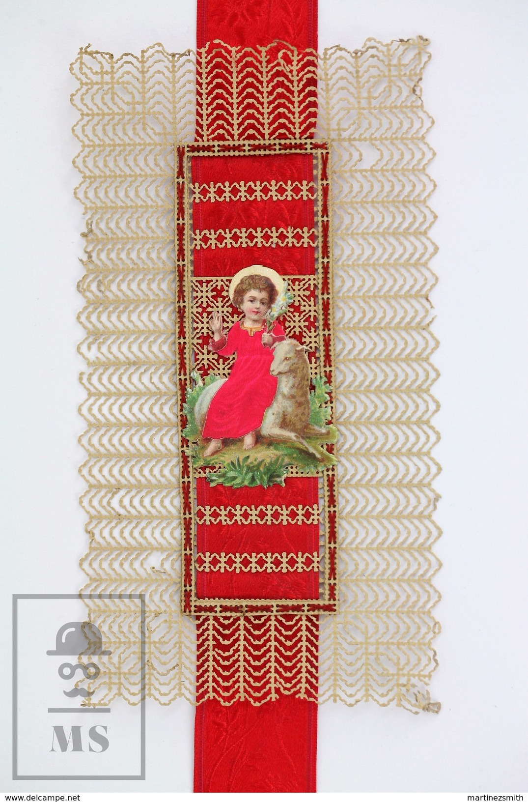 Antique Early 1900's Paper Lace Holy Card With Red Cloth Tape - The Holy Child Jesus Christ And Sheep - Images Religieuses