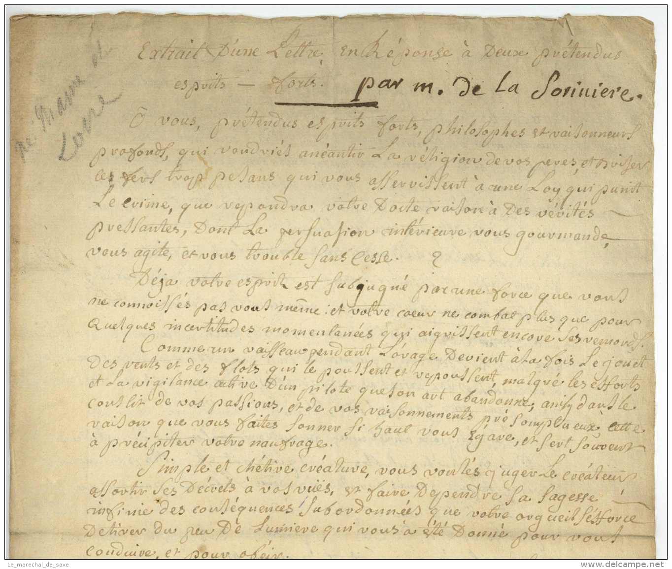 [DE LA SORINIERE, NN.] &ndash; Extrait D&rsquo;une Lettre En Réponse à Deux Prétendus Esprits Forts. Vers 1775 Chemillé- - Manuskripte