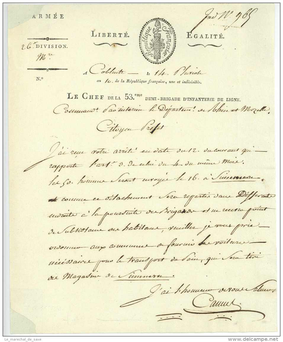 General CAMUS, Louis (Châlons-sur-Marne 1760 &ndash; Witepsk / Russie 1813) Koblenz 1802 Simmern Autographe Napoleon Arm - Documents Historiques