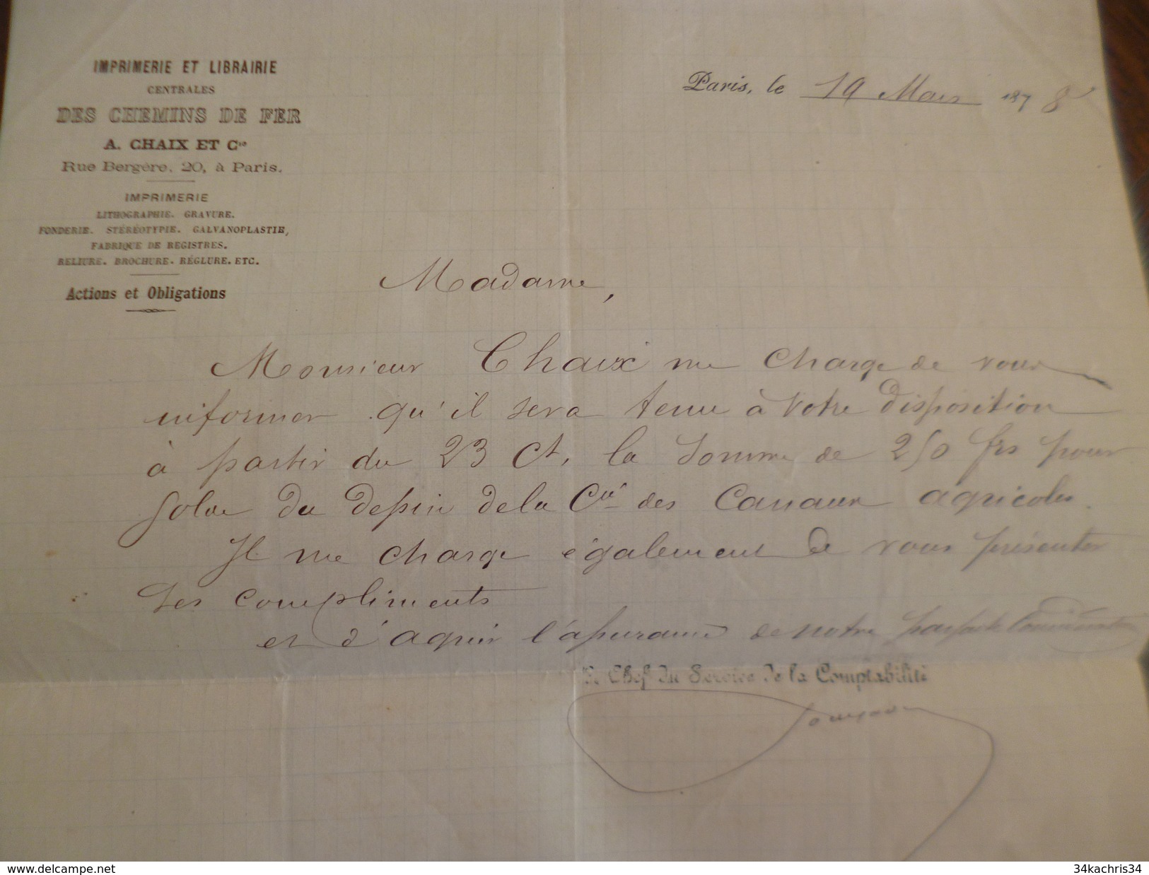 Lettre à En Tête Imprimerie Librairie Des Chemins De Fer Chaix Paris 1878 Rue Bergère Paris - Transport