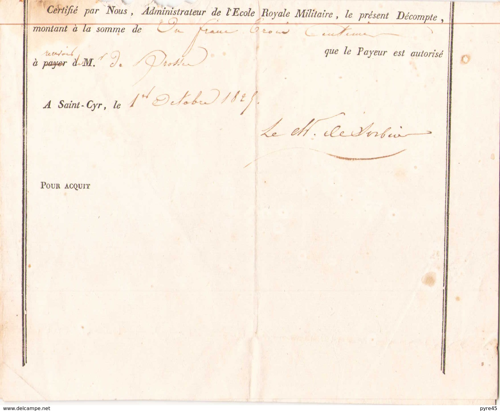 Décompte De Pension Ecole Royale Militaire Du 1 Octobre 1823 ? à Saint-Cyr - Dokumente