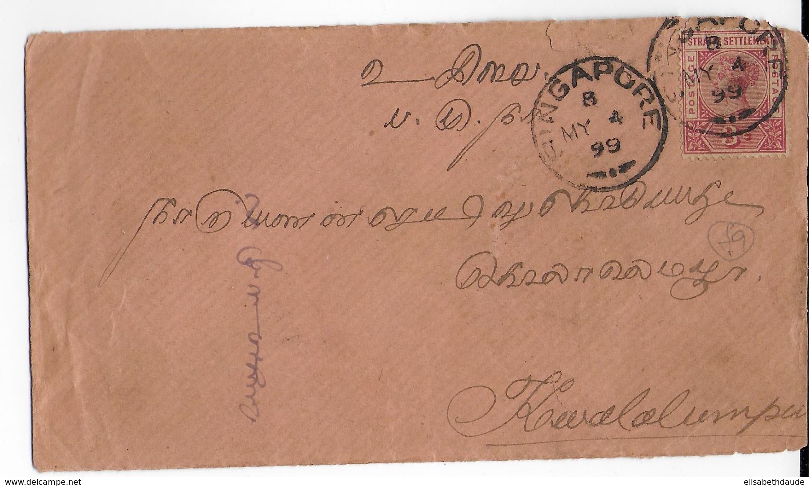 MALAISIE - 1899 - ENVELOPPE De SINGAPORE => KUALA LUMPUR Via KLANG - Straits Settlements