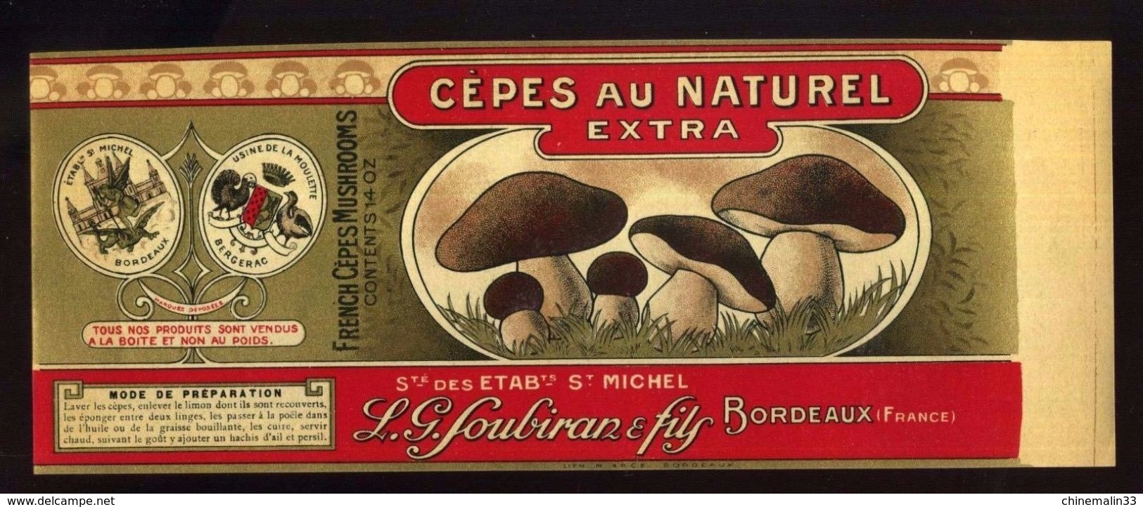 CHROMO ALIMENTAIRE L.G.SOUBIRAN BORDEAUX CÈPES NATUREL EXTRA 11X25 Cm GLACE - Fruits Et Légumes