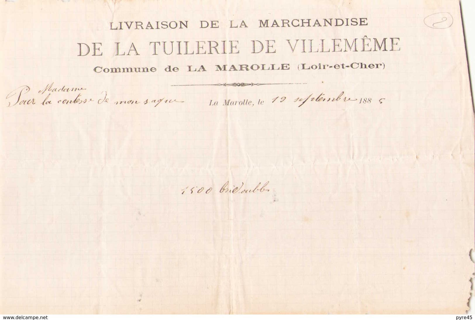 Bon De Livraison De La Tuilerie De Villemême à La Marolle  Le 19 Septembre 1885 - 1800 – 1899