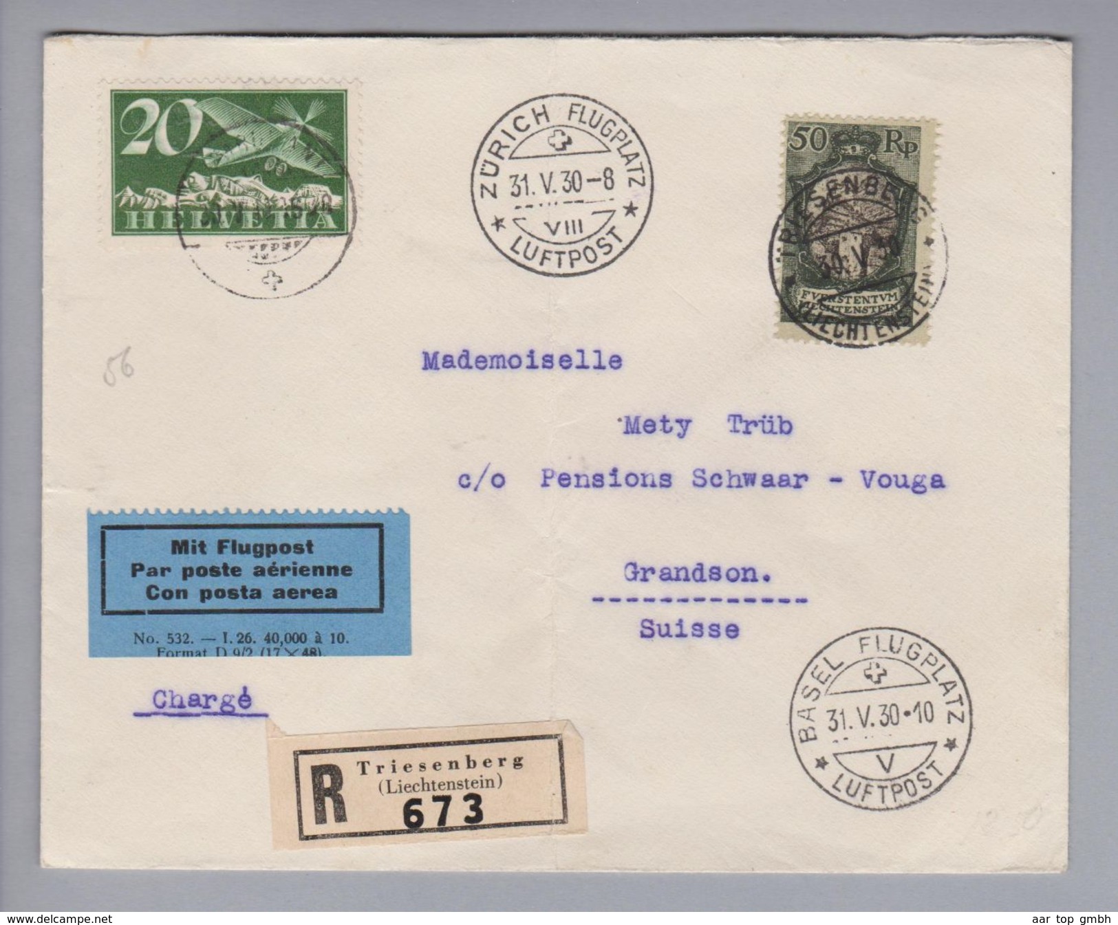 Liechtenstein Flugpost 1930-05-31 Triesenberg Mischfrankatur Schweiz - Poste Aérienne