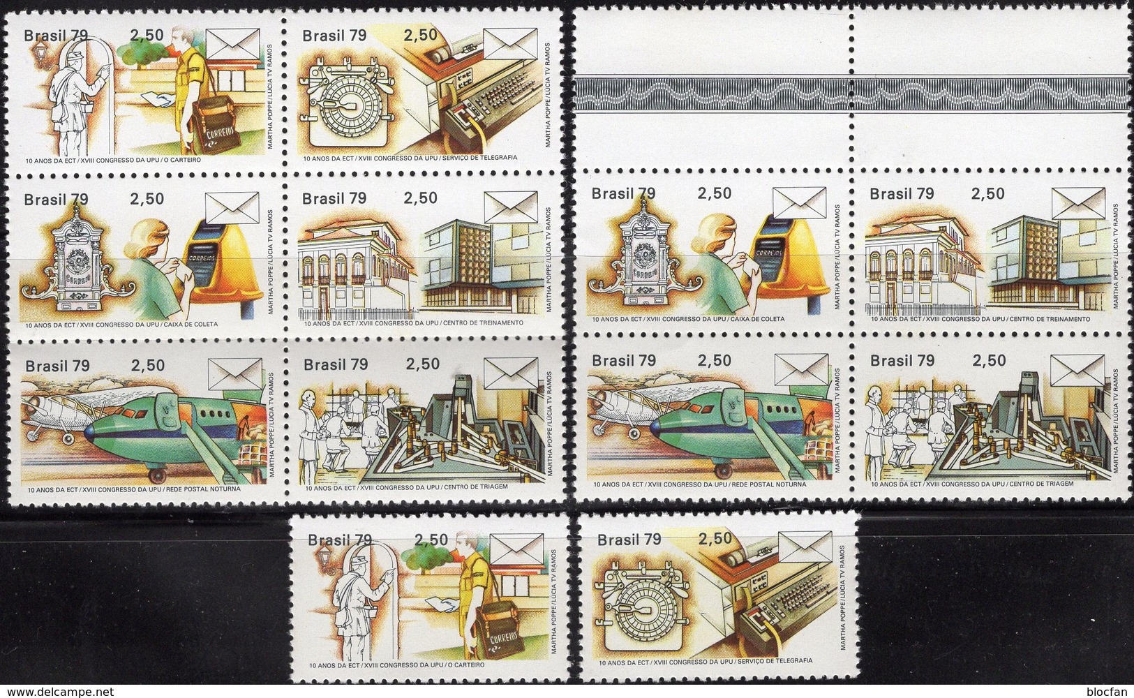 UPU-Kongreß 1979 Brasilien 1696/1 ZD+6-Block ** 12€ Post-Schule Briefkasten Flugzeug Fernschreiber Sheets Bf Brazil - Neufs