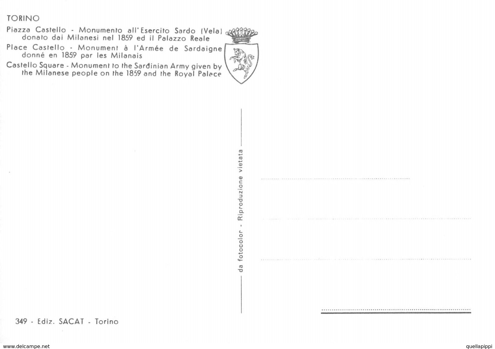 D6987 "TORINO-PIAZZA CASTELLO-MONUMENTO DELL' ESERCITO SARDO 1859-PALAZZO REALE" ANIMATA,S.A.C.A.T. 349  CART NON SPED - Places & Squares