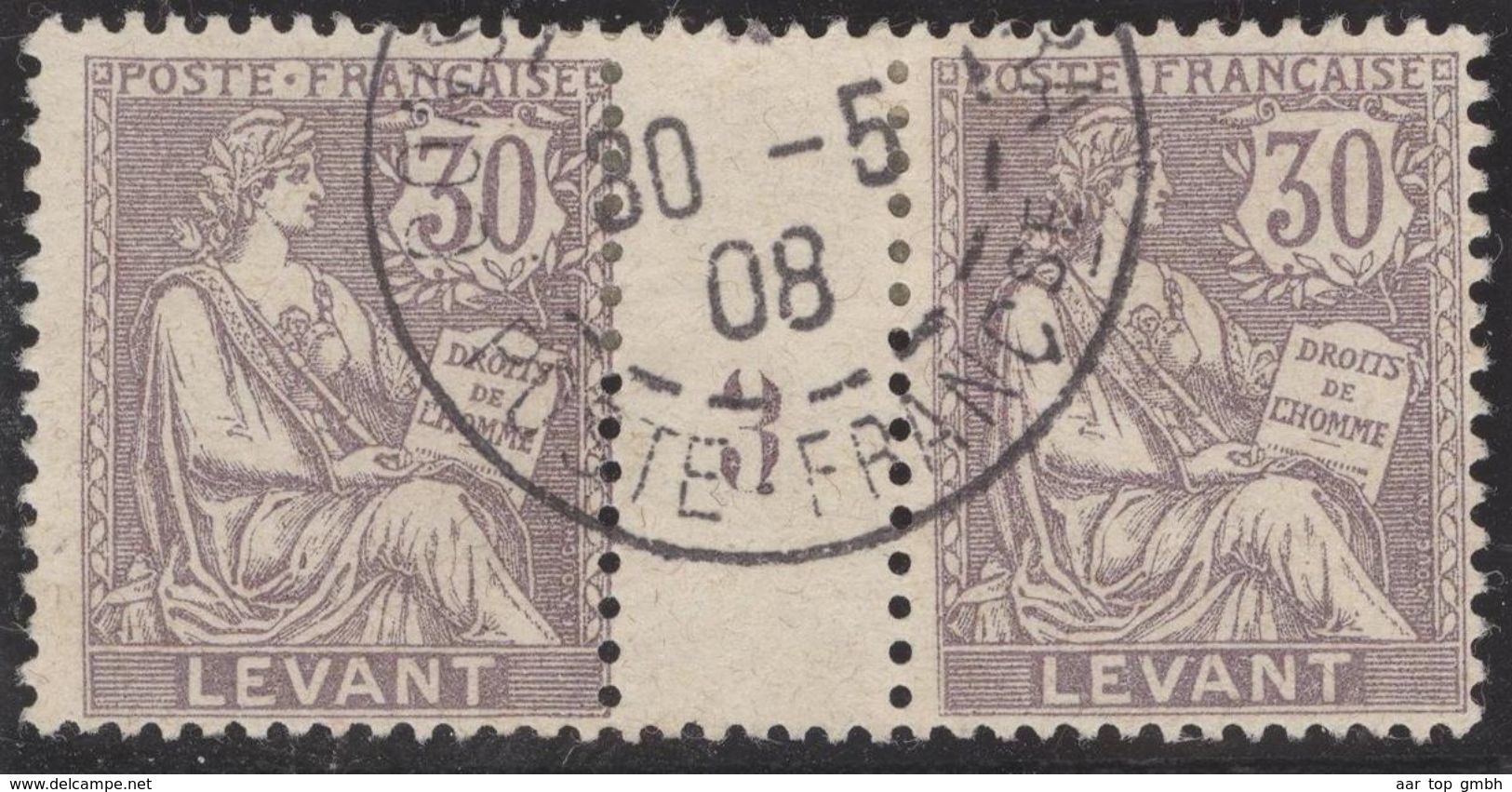 Franz. Kolonien Levante 1908-05-30 Mi#17+ZS+17 Bogennummer 3 Gestempelt Zwischensteg - Oblitérés