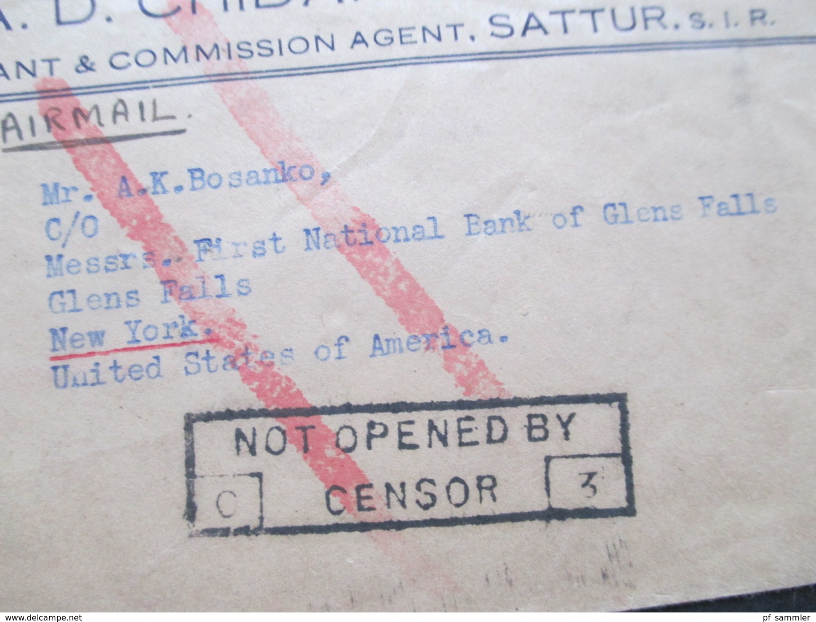 Indien 1940 Airmail Nach New York. Schöne Frankatur! Stempel: Nor Openend By Censor. C3 - 1936-47 Koning George VI