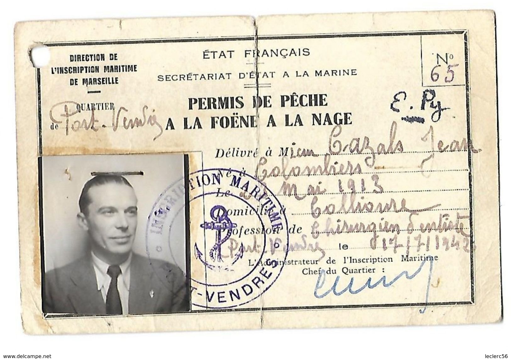 1942 CARTE PERMIS DE PECHE A LA FOENE A LA NAGE PORT VENDRES - Pêche