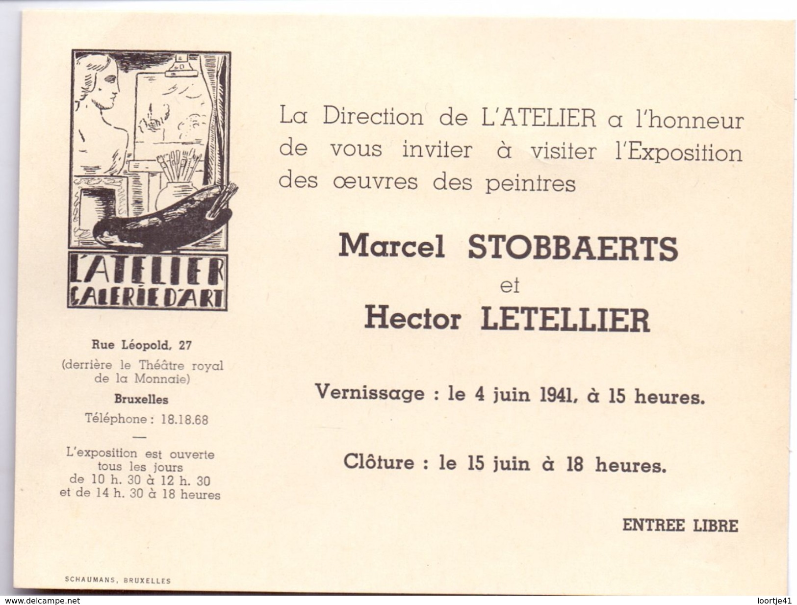 Invitation Exposition Peintres Marcel Stobbaerts & Hector Letellier - L' Atelier - Galerie D' Art Bruxelles 1941 - Tickets - Vouchers