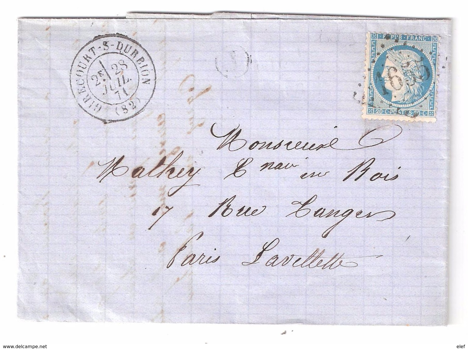 Lettre  GIRECOURT Sur DURBION,Vosges Cachet Facteur J = Ste Sainte Hélène GC 1655 S CERES N° 37, 28 Juillet 1871 > Paris - 1849-1876: Période Classique