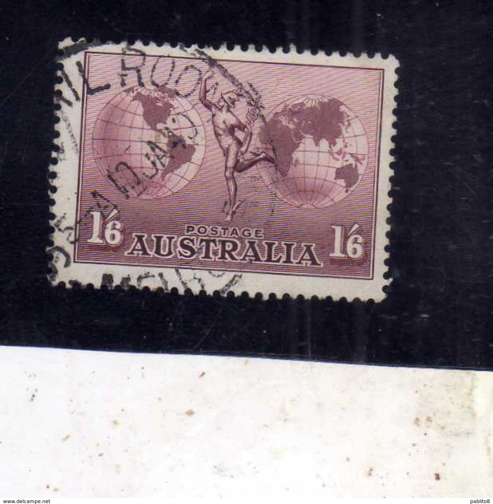 AUSTRALIA 1934 AIR MAIL POSTA AEREA AIRMAIL MERCURY AND Hemispheres 1/6 1sh 6p USATO USED OBLITERE' - Used Stamps