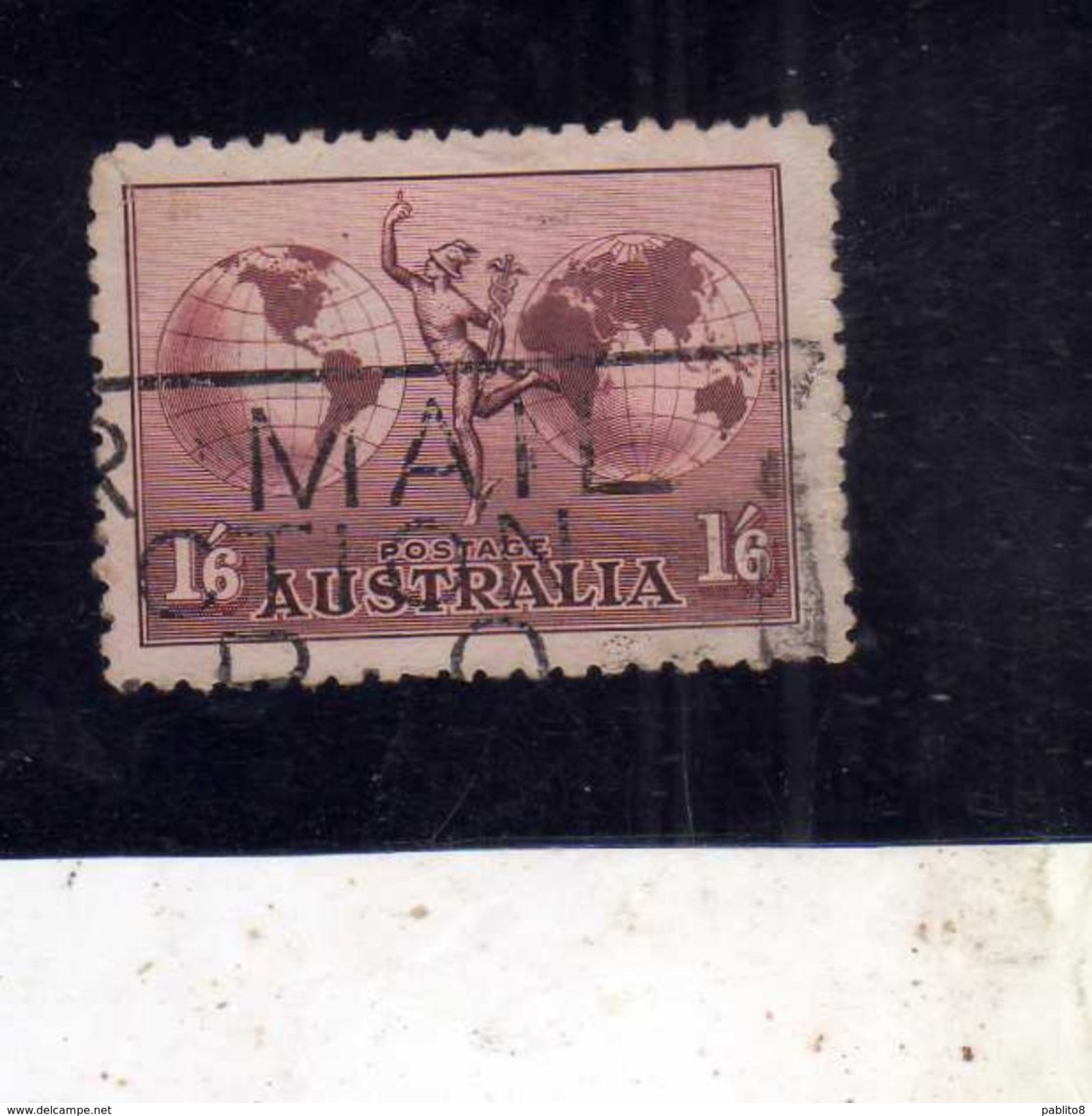 AUSTRALIA 1934 AIR MAIL POSTA AEREA AIRMAIL MERCURY AND Hemispheres PERF 11 DENT. 1/6 1sh 6p USATO USED OBLITERE' - Used Stamps