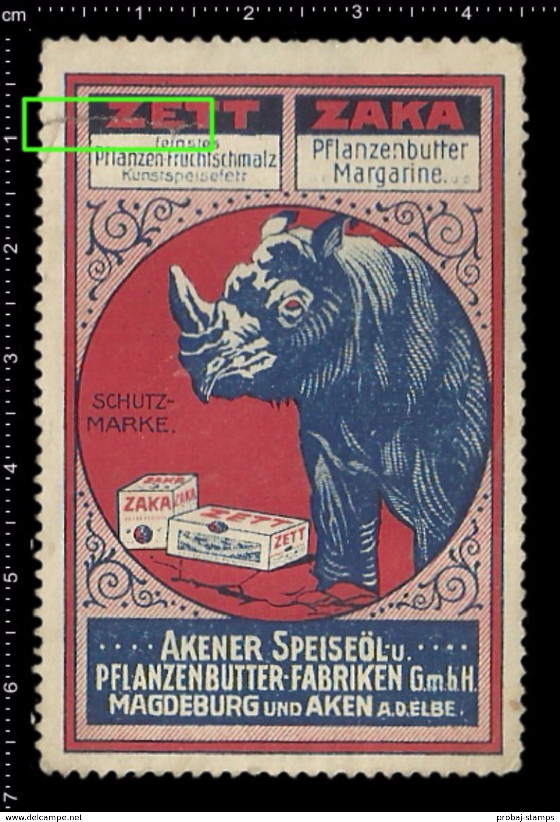 German Poster Stamps, Reklamemarke, Vignette, Rhinoceros, Nashorn, Zett, Zaka, Schutzmarke, Trademark, Margarine - Rhinozerosse