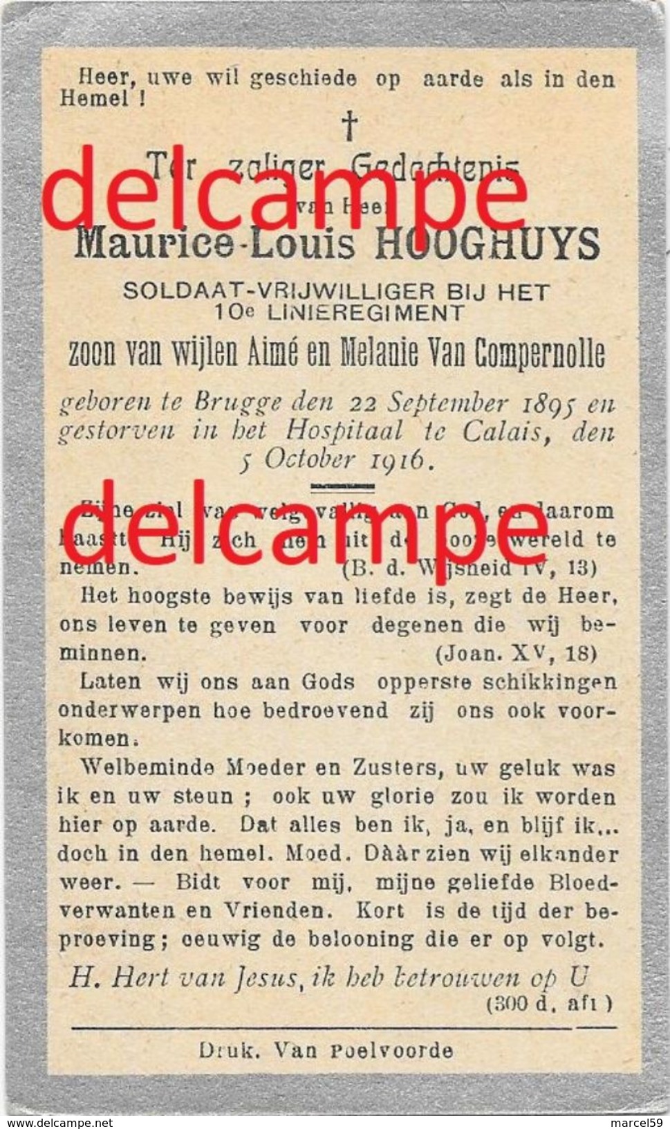 OORLOG GUERRE Maurice Hooghuys Brugge Soldaat 10 Linie Gesneuveld Te Calais 1916 Van Compernolle - Devotieprenten