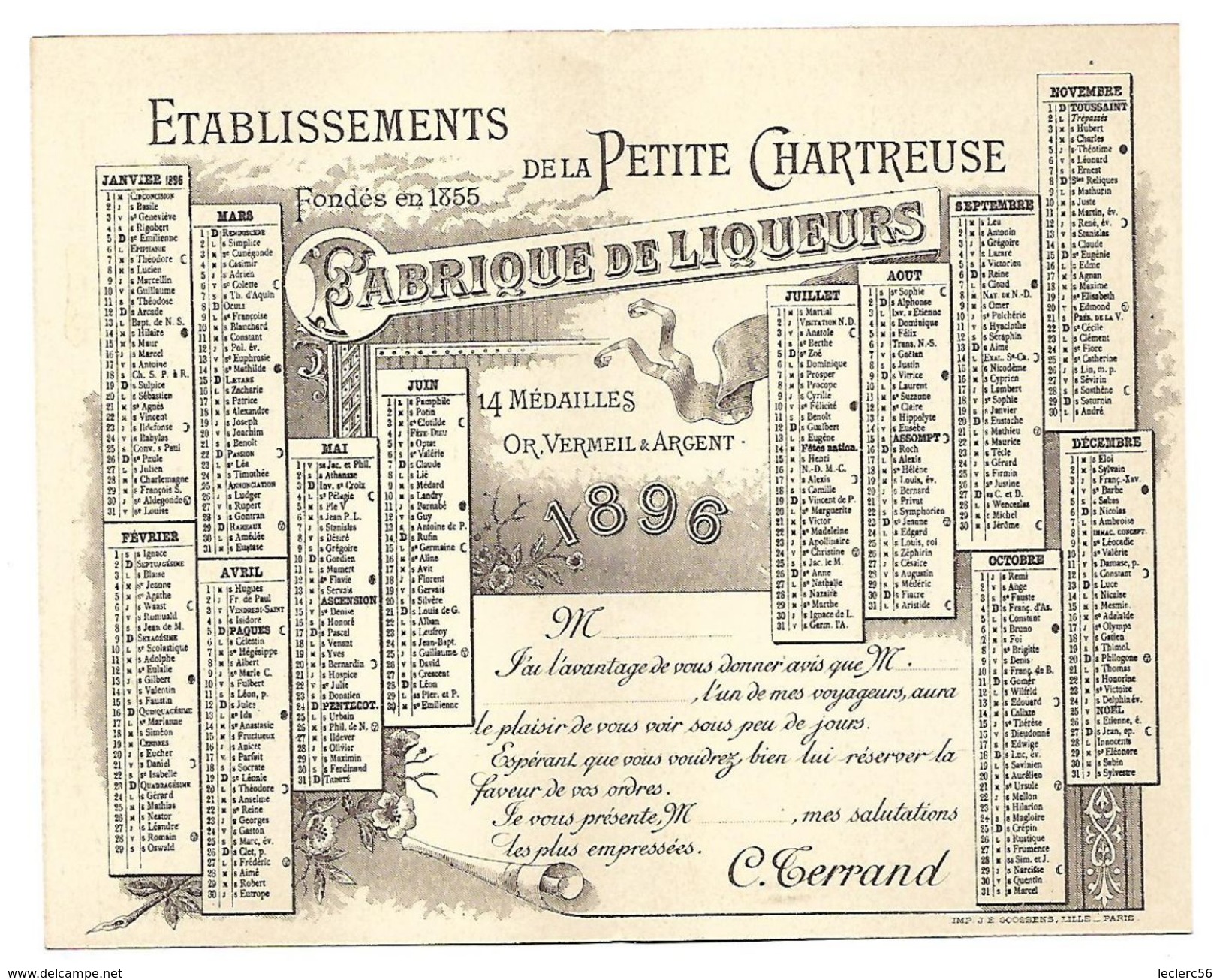 CALENDRIER 1896 MAISON TERRAND LIQUEURS à La Petite Chartreuse (128 X 82 Mm Plié) Très Bon état - Petit Format : ...-1900