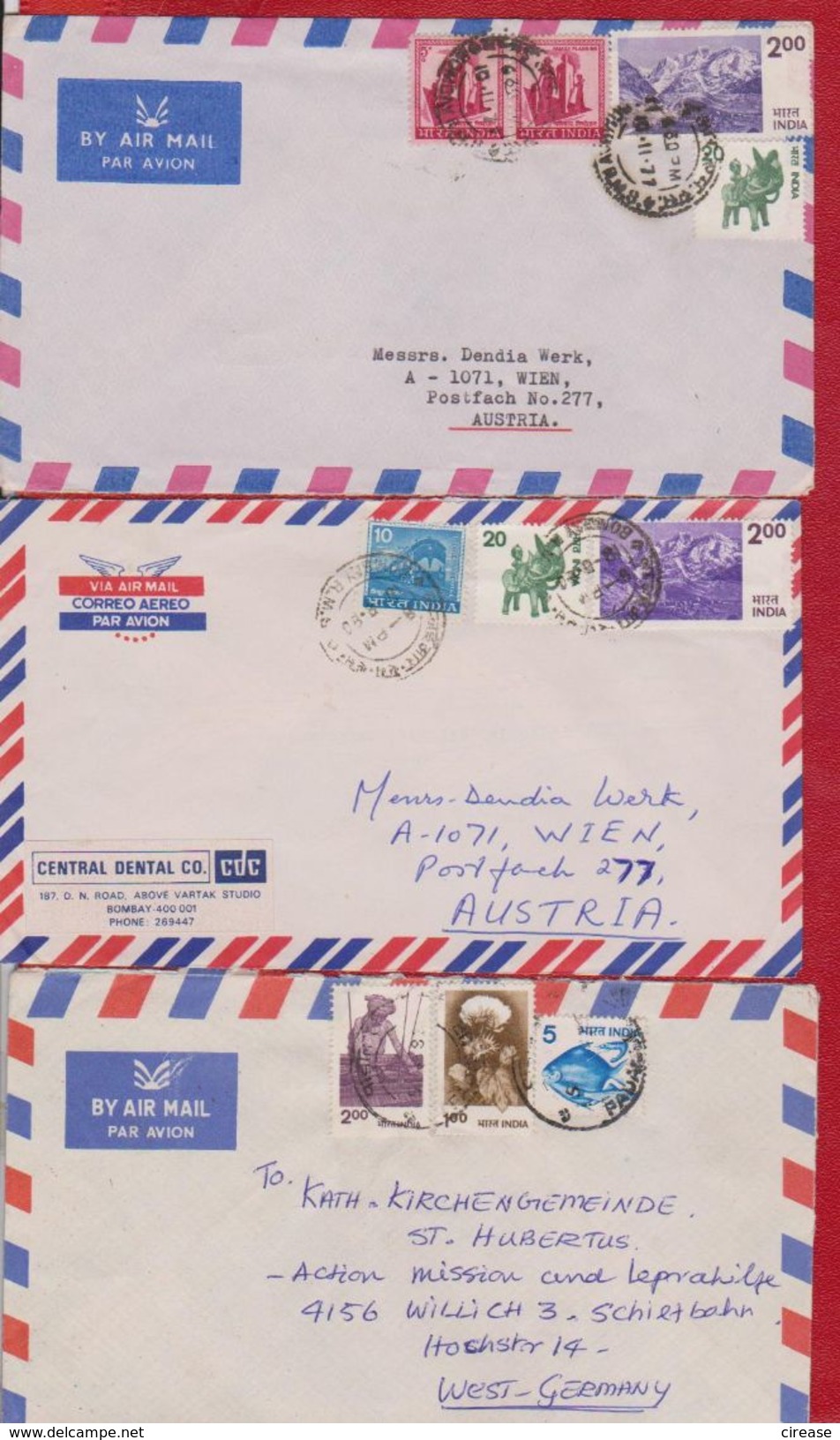 INDIA INDE 3 X  LETTER ENVELOPE AIR MAIL  SENT AUSTRIA AND GERMANY - Posta Aerea