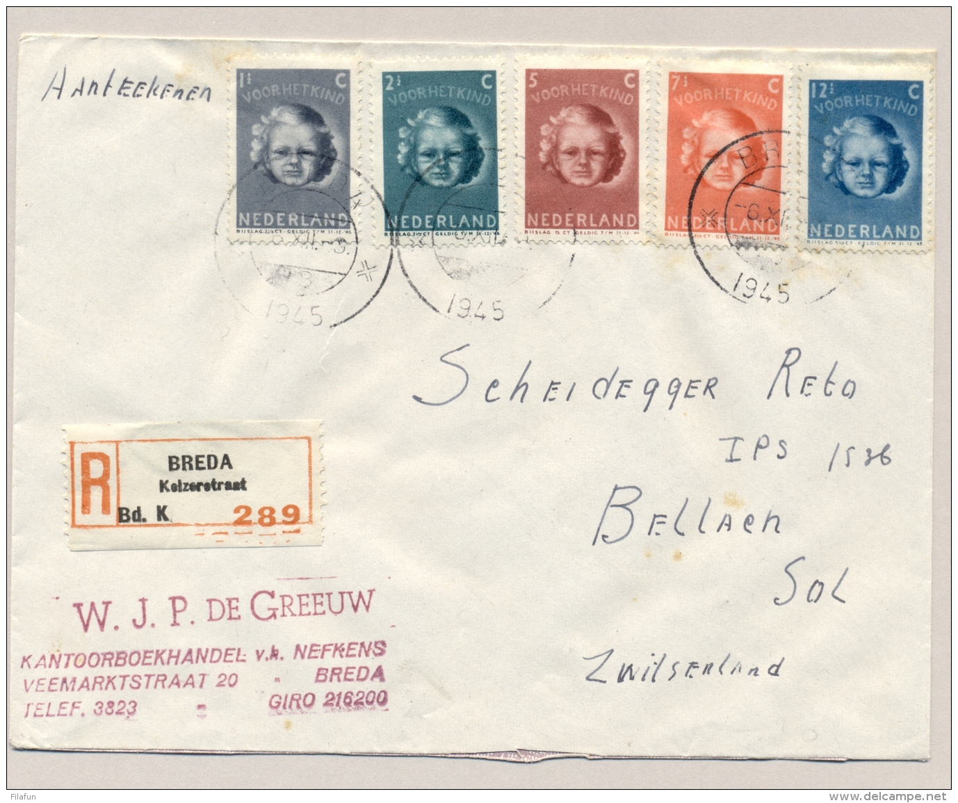 Nederland - 1945 -Kindserie Op R-cover Van Breda Naar Bellach / Schweiz - Brieven En Documenten