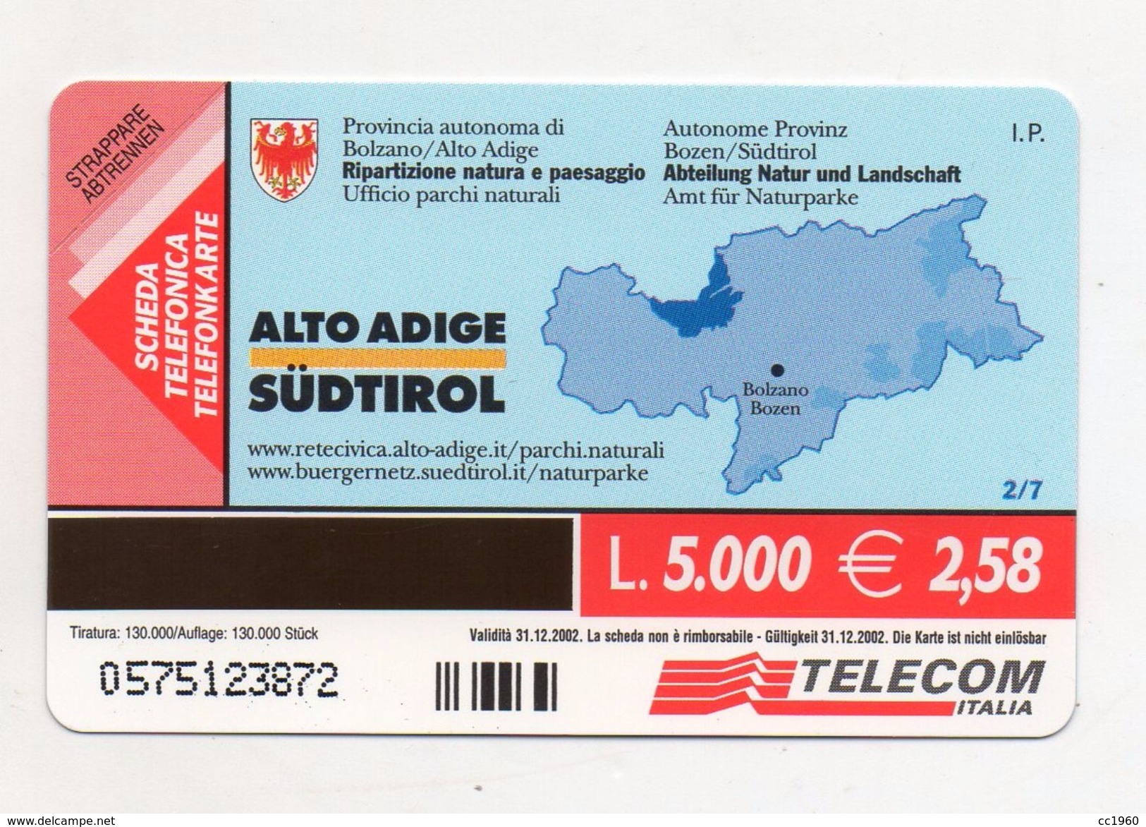 Telecom ALTO ADIGE - Parchi Naturali- Gruppo Di Tessa - Nuova - Validità 31.12.2002 - Golden A/A 93 - (FDC6164) - Openbaar Getekend