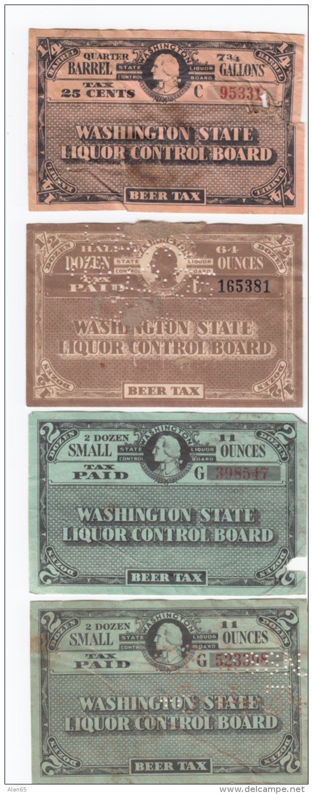 Liquor Tax Stamps, Washington State USA Beer Tax Stamps C1930s/50s(?), - Beers