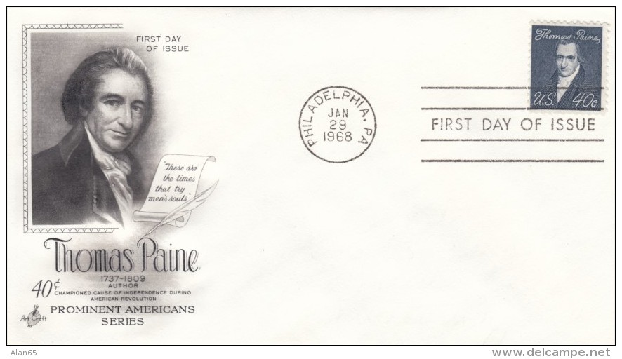 Sc#1292 Thomas Paine 40-cent 1968 Regular Issue FDC First Day Of Issue Cover - 1961-1970