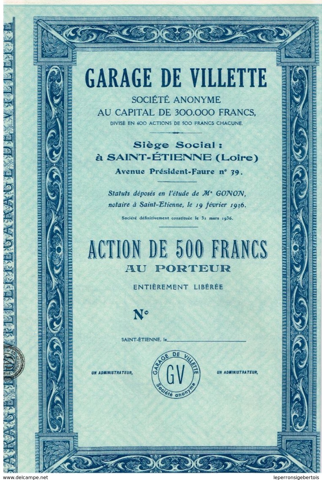 Action Uncirculed - Garage De Villette - Titre De 1936 - Automovilismo