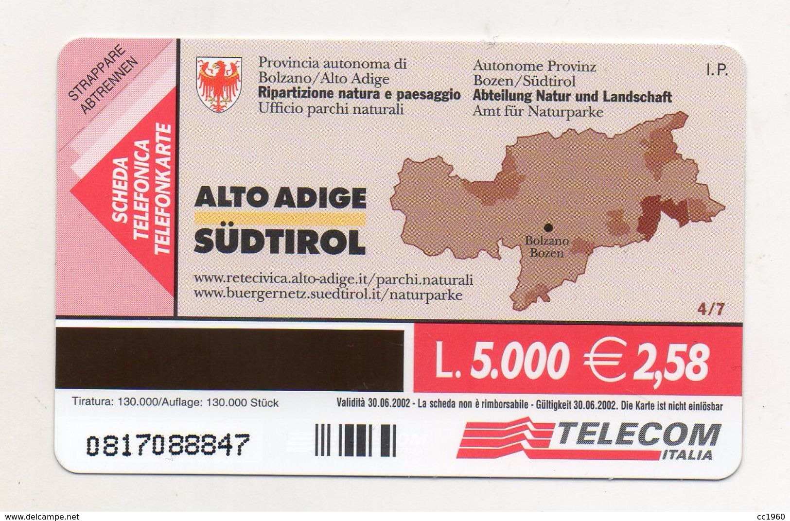 Telecom ALTO ADIGE - Parchi Naturali- Fanes-Sennes-Braies - Nuova - Validità 30.06.2002 - Golden A/A 95 - (FDC6166) - Openbaar Getekend