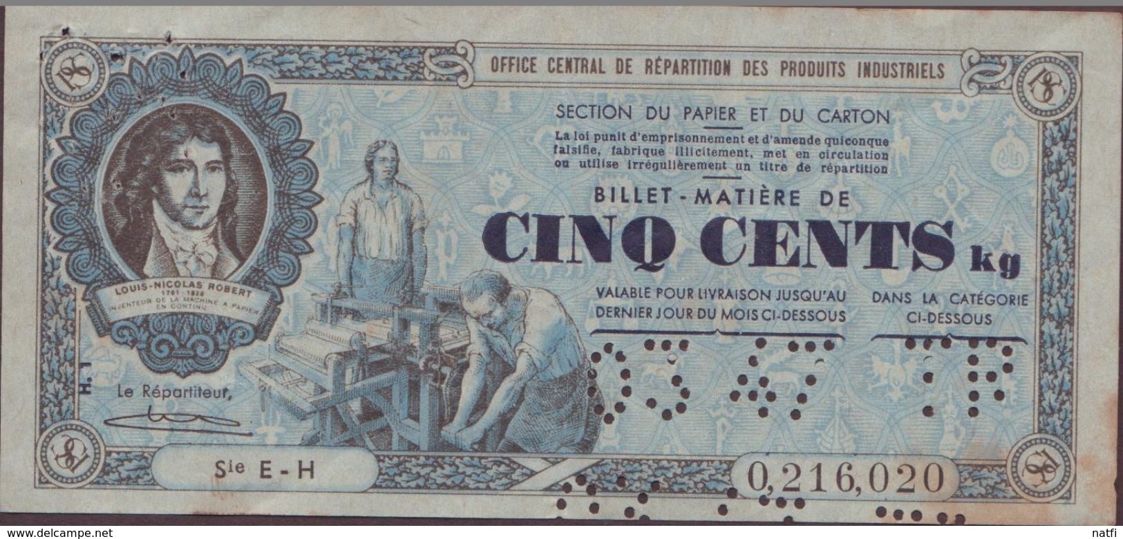 BILLET OFFICE CENTRAL DE REPARTITION DES PRODUITS INDUSTRIELS BILLET MATIERES CINQ CENTS KG PERFORES - Autres & Non Classés