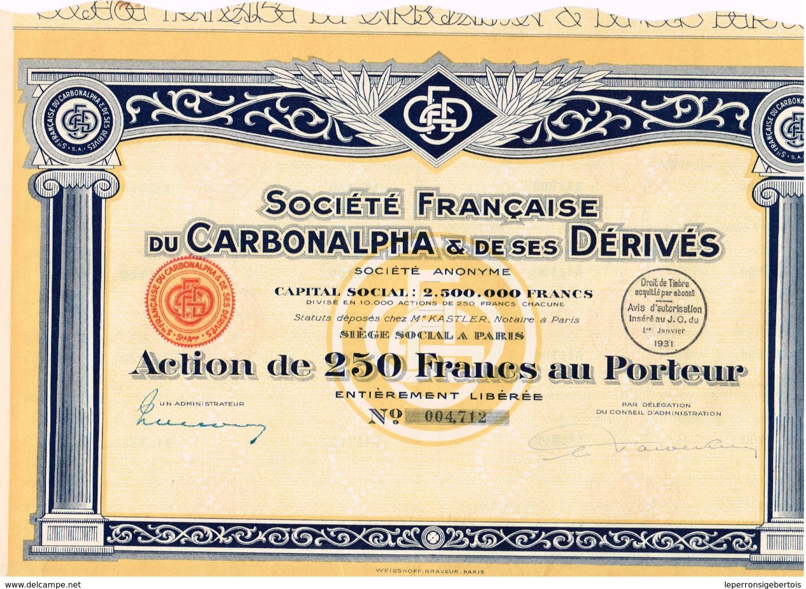 Action Ancienne - Sté Française Du Carbonalpha & De Ses Dérivés - Titre De 1931 - - Industrie