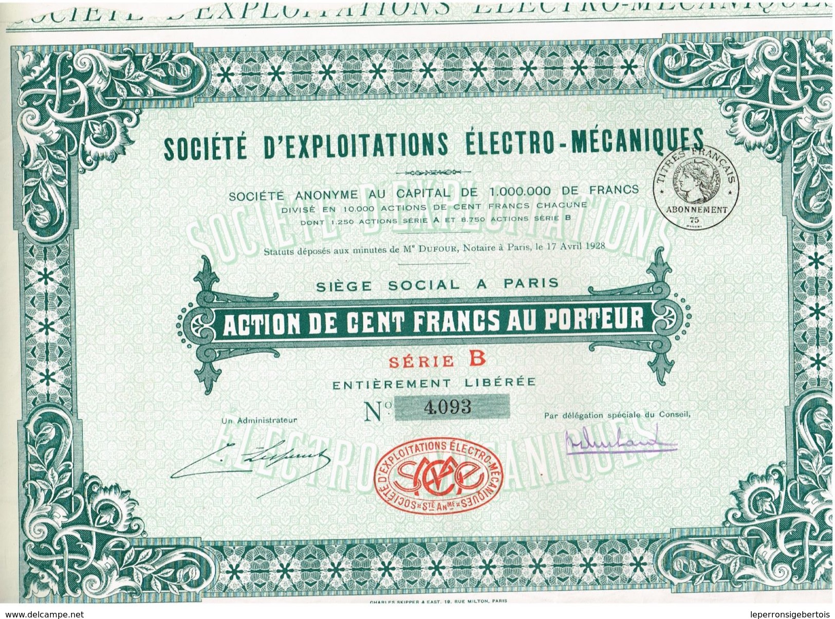 Action Ancienne - Sté D 'Exploitations Electro - Mécaniques - Titre De 1928 - Industrie