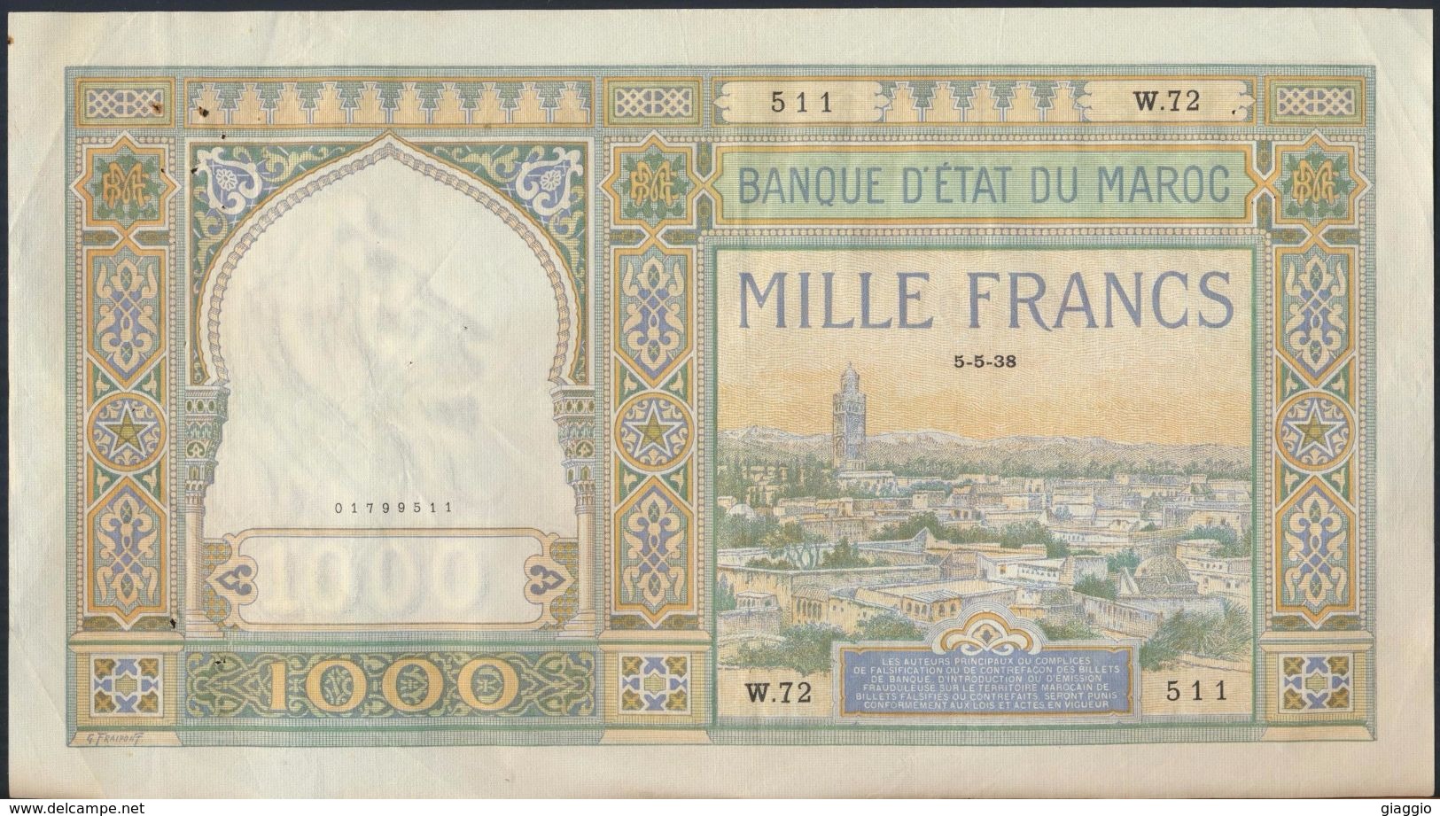 °°° MAROC MOROCCO - 1000 FRANCS 5/5/1938 °°° - Morocco