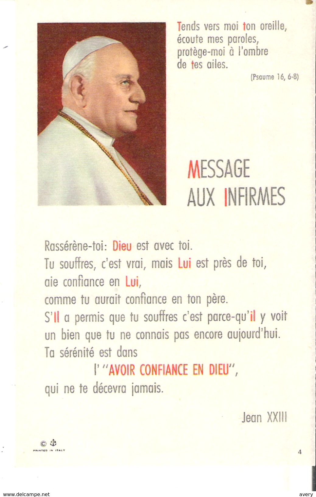 Message Aux Infirmes De Jean XXIII  3.5" X 5.5"  9 Cm X 14 Cm Message To The Sick From Pope John XXIII - Devotion Images